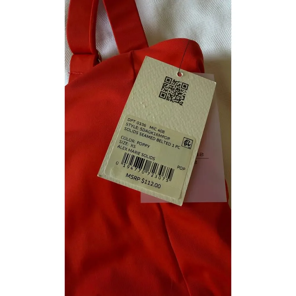 Alex Marie Signature Sculpt One Piece Swimsuit XS Poppy Red Belted NWT $112
